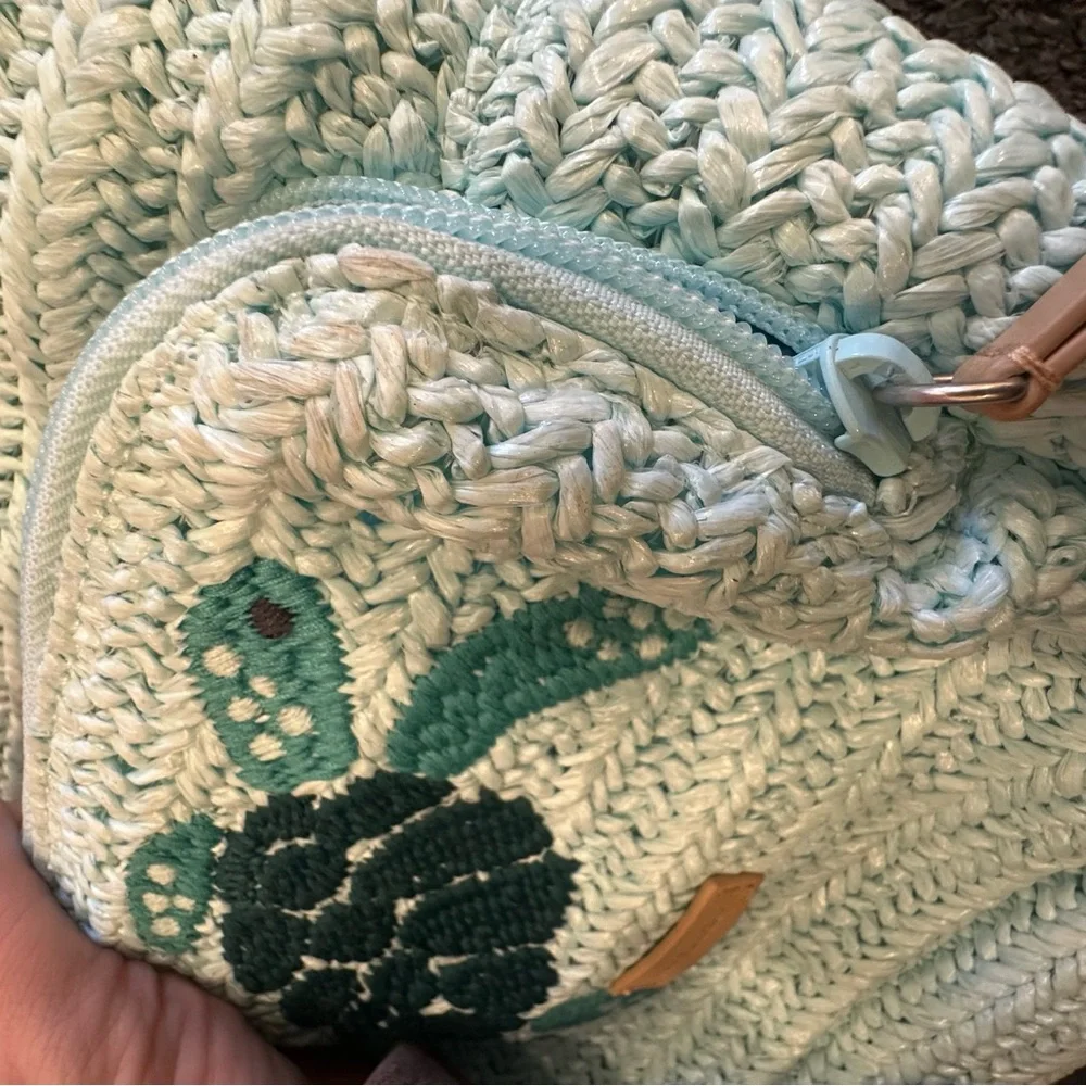 Vera Bradley Straw Raffia Blue Turtle Print Convertible Mini Summer Backpack